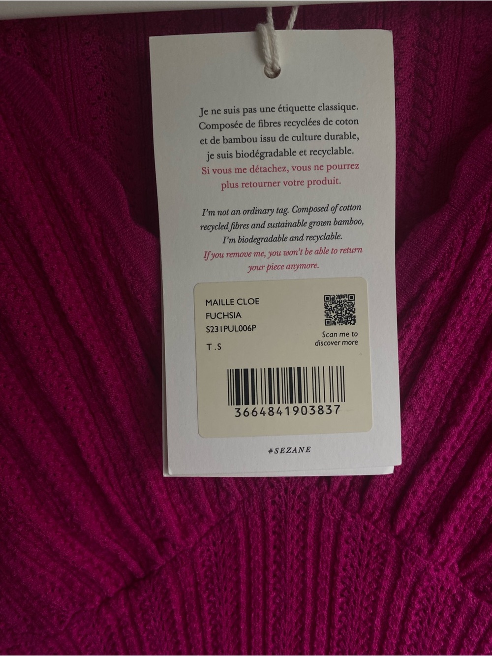 NWT Sezane Cloe Jumper Fitted Rib Knit Top in Fuchsia Pink Size S - Picture 6 of 11